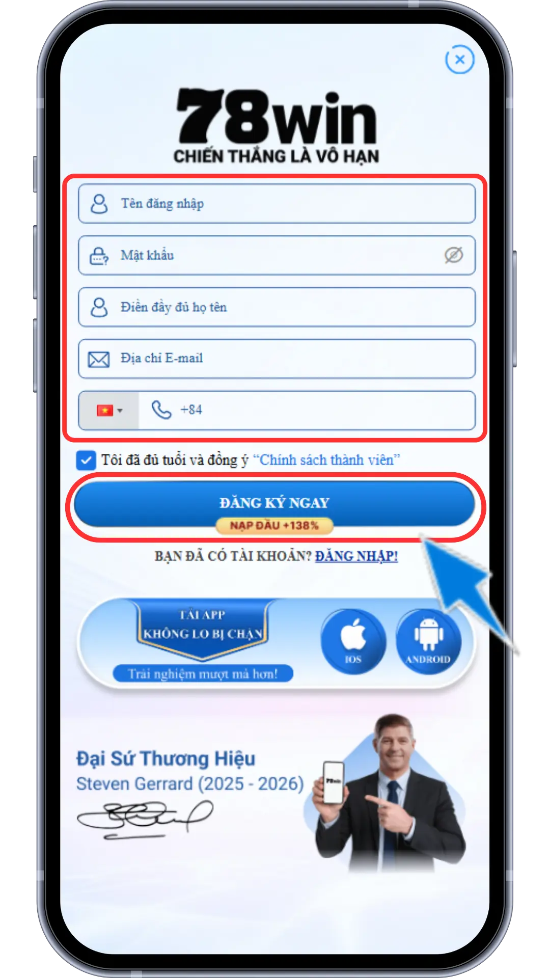 Bước 2 : Điền đầy đủ thông tin của quý khách » ấn "Đăng Ký Ngay "  (Lưu ý : khi hiển thị báo lỗi đỏ ở thông tin điền thì cần sửa lại theo đúng yêu cầu )